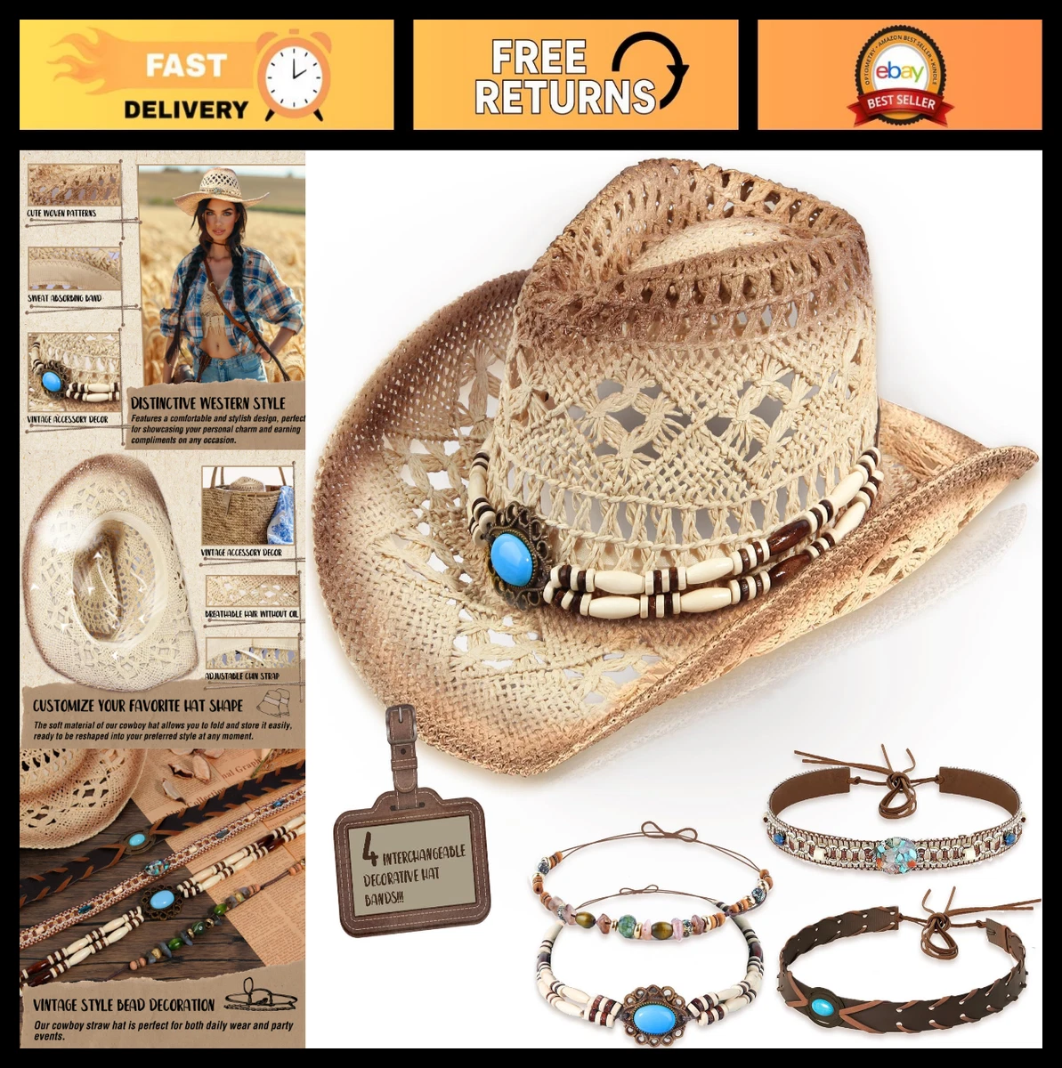 Cowboy Hat Adjustable Straw Hats for Men for sale | eBay display picture 3