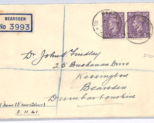 GB 1941 FDC KGVI 3d LIGHT COLOURS First Day Cover 1941 Bearsden {Booth £80}XG364