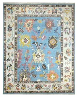 Hand Knotted Bright Blue Oushak Rug, Vibrant Multicolor Floral Wool Area Carpet,