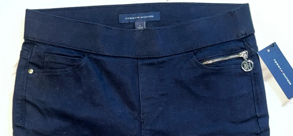 Tommy Hilfiger Mujer Azul Marino Elastizado Jeggings Pantalones Dorado Cremallera Logo Dije Nuevo con Etiquetas Foto 3 de 4
