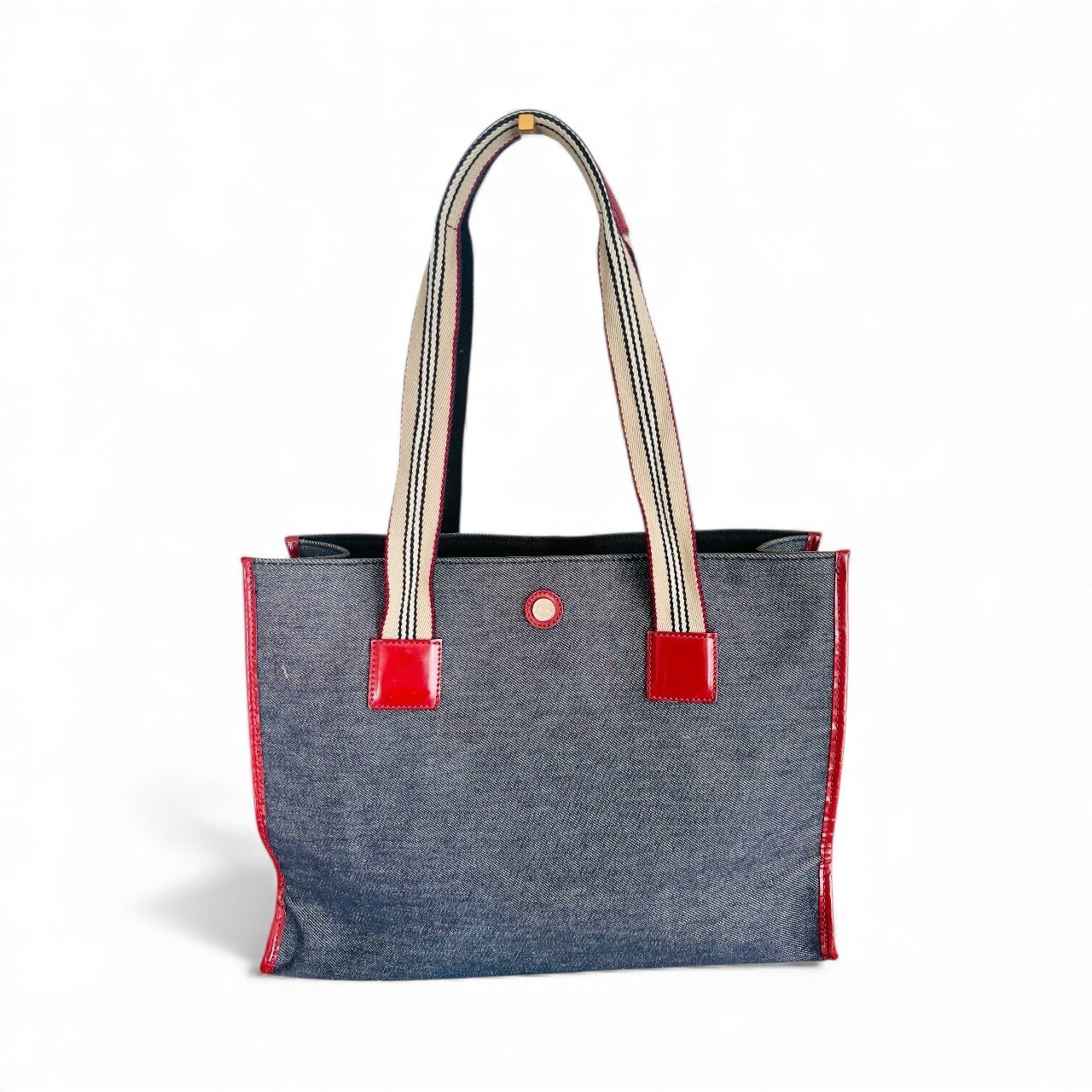 Burberry London Denim Tote Red Leather Trim includes COA