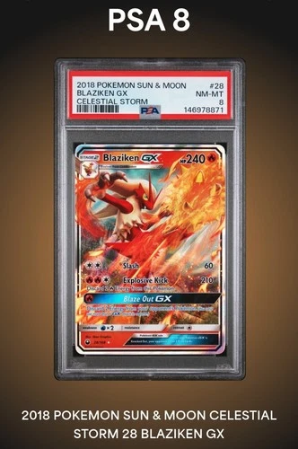 Blaziken GX 28/168 Sm-Celestial Storm Holo PSA 8