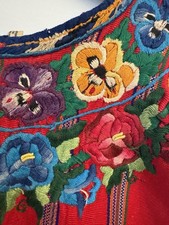 Vtg 1950 Guatemalan Huipil Embroidered Floral Top Red Handmade Folk Blouse S M