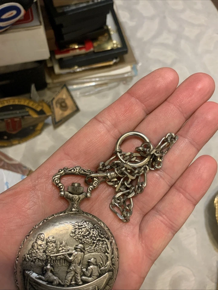 Jean Marcel 17J Swiss Pocket Watch With Chain Hunting Scene Working  - Image 2 of 4