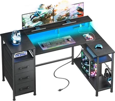 47 Inch L Shaped Computer Desk with Power Outlets and LED Lights, Reversible Gam
