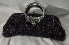 Vintage Lord Taylor Beaded Satin Evening Bag Plum Wine Rhinestone Handle Nice