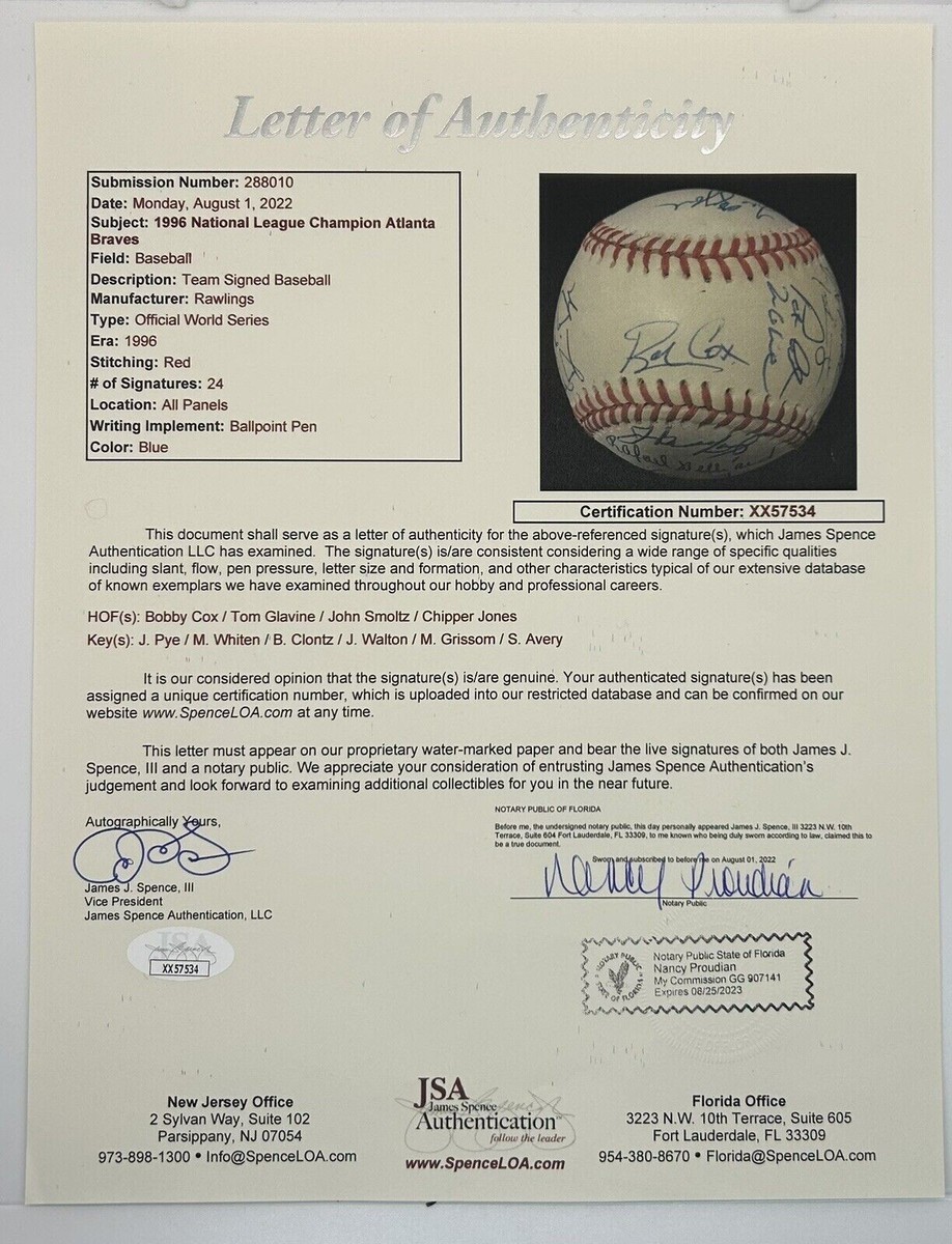 1996 Atlanta Braves Signed World Series Ball 24 Autographs
