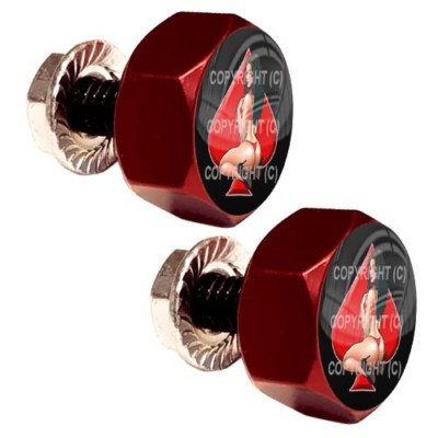 2 Red Hex Motorcycle Lic Tag Plate Frame Bolts -PIN UP GIRL SPADE R019