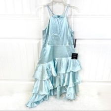 Lulu's Womens Mint Blue Satin Tiered Asymmetrical Midi Dress Size Small S NWT