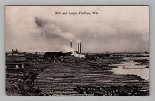 Postcard RPPC Logging Mill Phillips Wisconsin WI Smoke Stacks View 1908