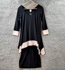 New SANDRA SOULOS Womens Bodycon Dress Size 8 Black Beige Stretch Knit Layered
