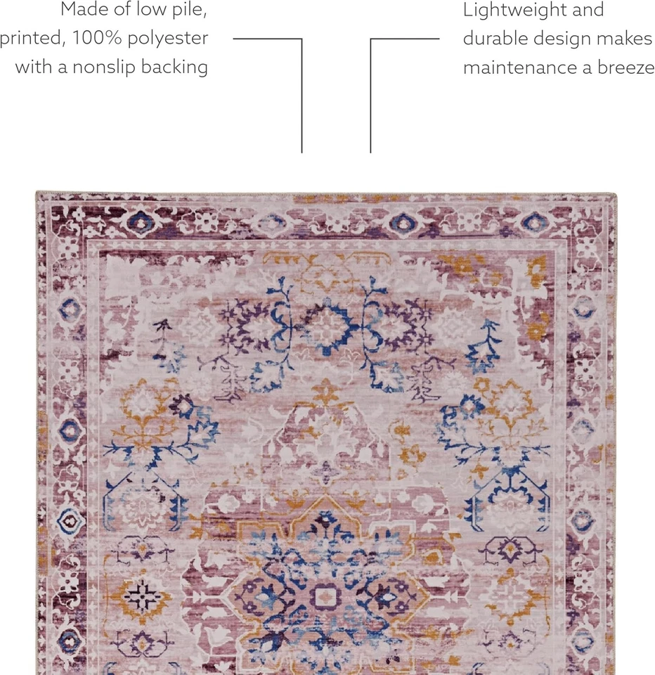 Alfombra Resort Collection 5’ x 7’ – Rosa/Dorado Estampado Vintage Lavable, Antideslizante Foto 2 de 4