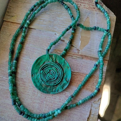 Handmade Swirl Symbol Necklace Rustic Journey Metal Verdigris Patina 26" Green - Picture 2 of 6