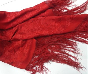 Antique Chinese red silk embodied showal 50”