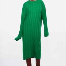 Zara Womens Long Sleeve Crew Neck Midi Sweater Dress Green Size MED