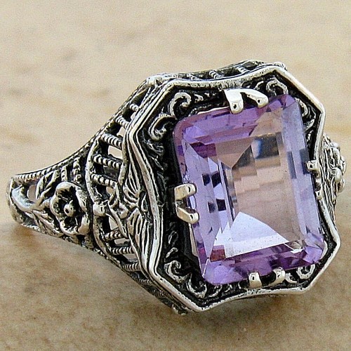GENUINE AMETHYST 925 STERLING SILVER ART DECO STYLE SOLITAIRE FILIGREE RING #244 - Picture 3 of 4