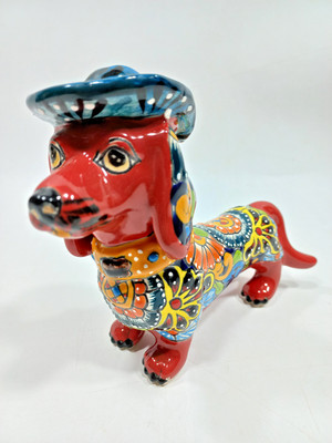 7'' TALAVERA DOG puppy with hat colorful ceramic pottery mexican figurine