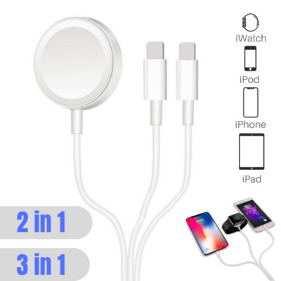 For Apple Watch iWatch SE 6 5 4 3 2 1 iPhone XR 3 in1 USB Magnetic Charger Cable