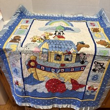 Blanket Baby Vintage Comforter Quilt Noah s Ark 44 x34 Rainbow Animals