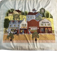 Vintage Needlepoint Embroidery Old Downtown Scene COMPLETED Horse Carriage Salon
