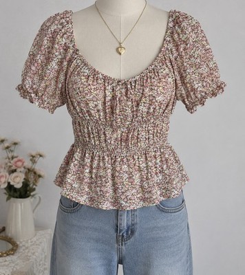 Romantic Coquette Floral Peasant Top Cottagecore Milkmaid Puff Sleeve Size Small