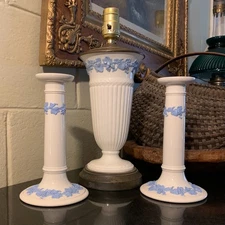 Wedgwood Queensware Lavender on Cream Electric Lamp with Two 8" Candlesticks