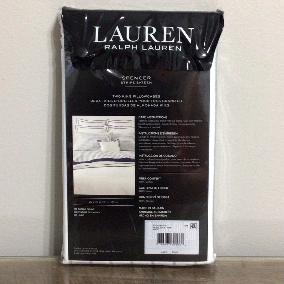 Lauren Ralph Lauren Spencer Salvia Rayas Satén Algodón Par de Fundas de Almohada King Foto 3 de 4