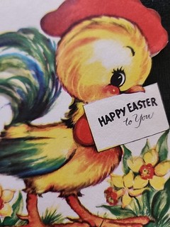 Vtg Forget me not Easter Card Rooster "Cock a doodle doo!"daffodils TO YOU 1950s
