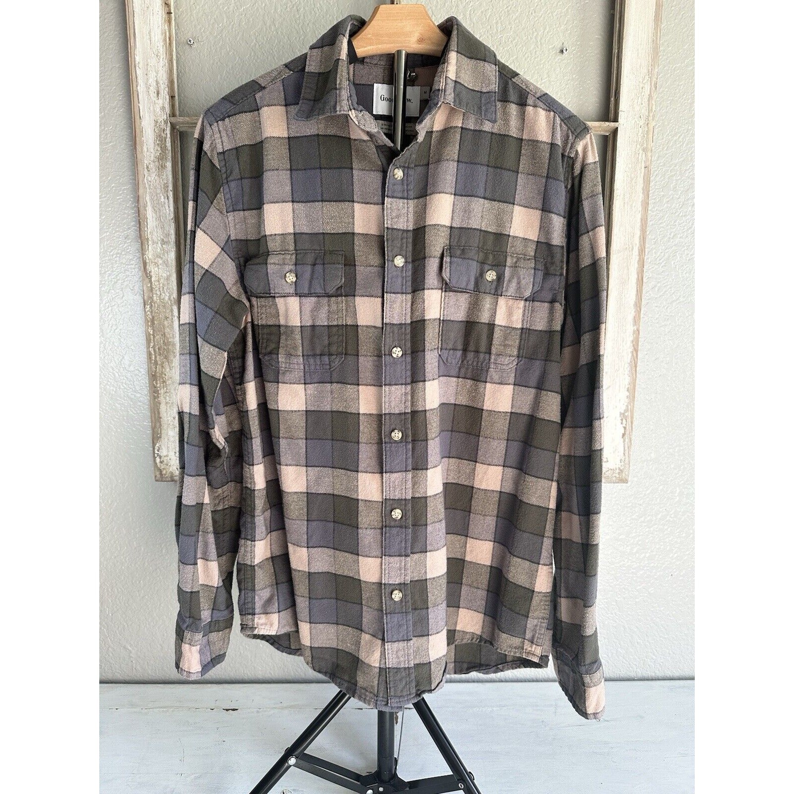 Men's Medium Long Sleeve Flannel Shirt by Goodfellow & Co in Green Gray Tan-image