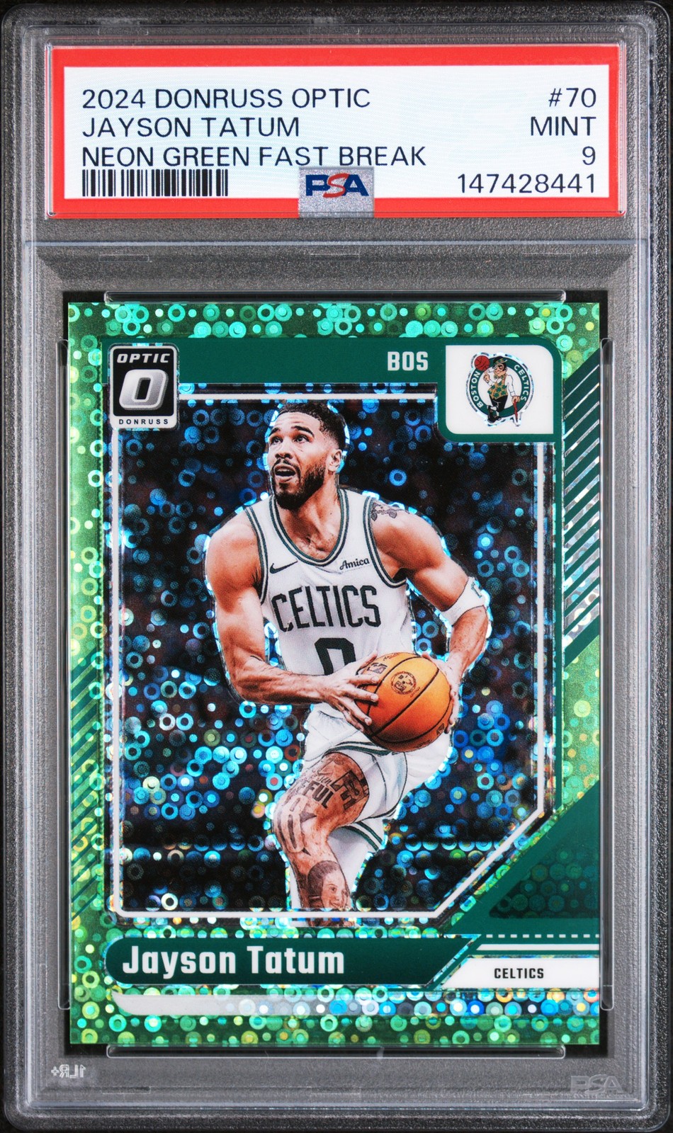 2024 PANINI DONRUSS OPTIC NEON GREEN FAST BREAK #70 JAYSON TATUM 5/5 PSA 9