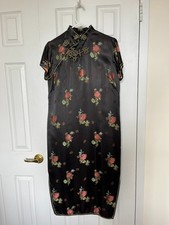Vintage 1980 Shanghai Friendship Store Black Silk Qipao Cheongsam Peony Sz 38