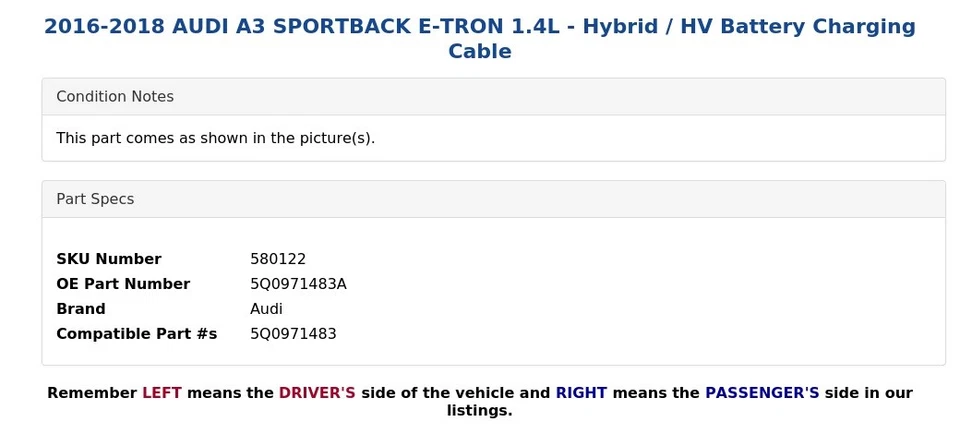 AUDI A3 SPORTBACK E-TRON 2016-2018 1,4 L - Cable de carga de batería híbrido/HV Foto 3 de 4