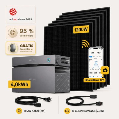 Sunshare Glory 1200Wp 4,0kWh Speicher Balkonkraftwerk | Betonbalkon | ohne SM