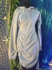 Gray Hooded Ruched Knit Sweater Dress Long Sleeve Knee Length Women