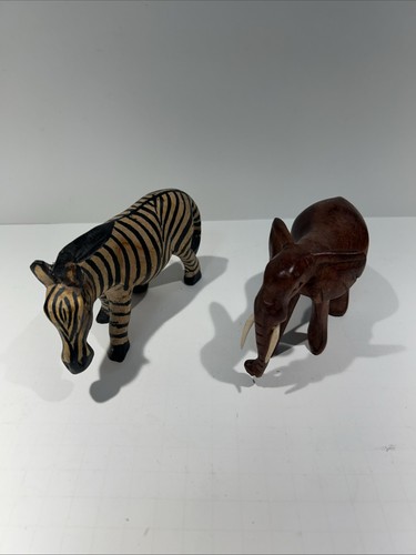 VTG  Hand Carved African Wooden Animals Kenya Zebra 🦓 & Elephant 🐘 Africa Wood
