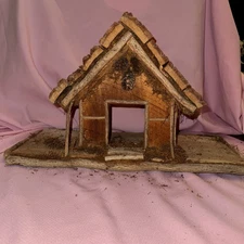 VTG Nativity Manger Stable Wood Bark Christmas Crèche 19” X 11” X 9”