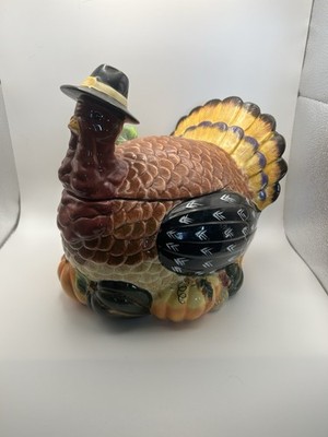 Giftcraft Harvest Turkey Soup Tureen w Lid & Leaf Ladle Thanksgiving Ceramic
