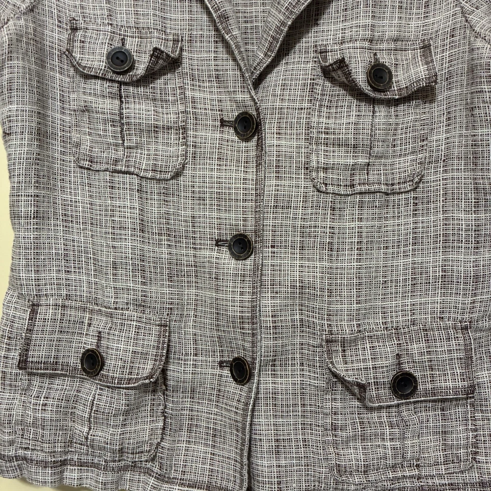 Blazer Oscar De La Renta de lino a cuadros para mujer 10 marrón manga corta botón delantero Foto 3 de 4