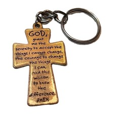 Vintage Cross Christian Prayer Keychain God Grant Me The Serenity Gold Tone