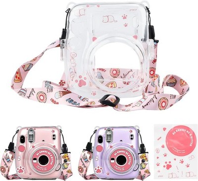 Hülle für Instax Mini 11 9 8 8+, transparente Schutzhülle + rosa Band