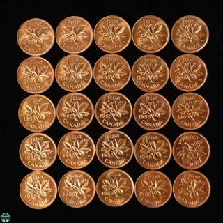 Roll of 25 coins Canada 1955 Queen Elizabeth II Small Cents UNC RED