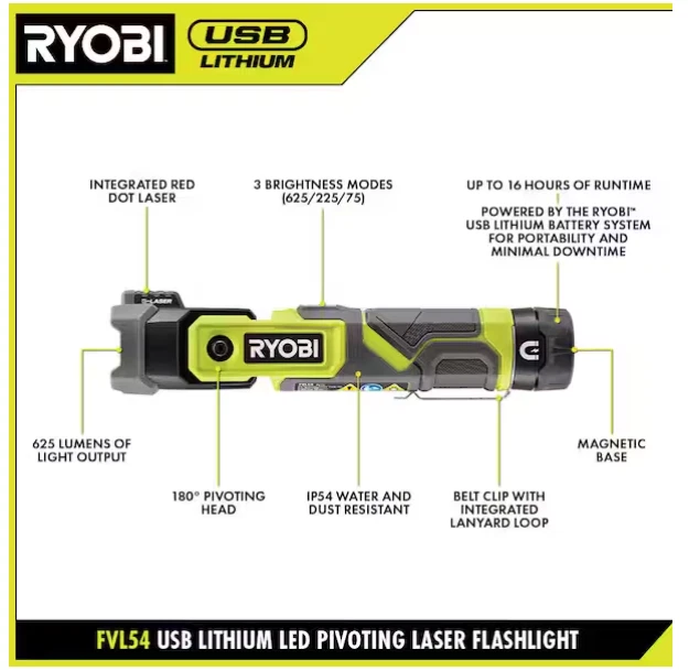 RYOBI USB Litio Inalámbrico Pivotante 625 Lúmenes Kit de Linterna Cabeza Recargable Foto 3 de 4
