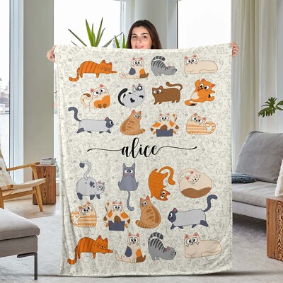 Personalized Cat Blanket, Cute Cats Blanket, Custom Name Plush Fleece Blanket