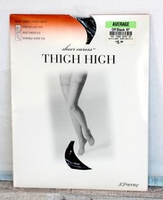 JC Penney OFF BLACK THIGH HIGH STRETCH LACE TOP SHEER TOE STOCKINGS Sz Average