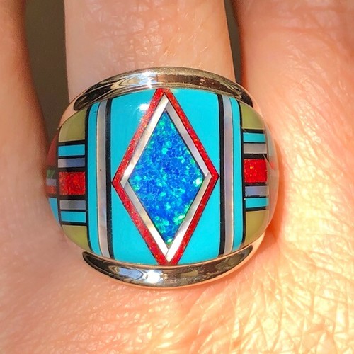 Large Turquoise Red Opal HOT Racing stripes Men's ring Italian 9.5 Silver T - Picture 8 of 12