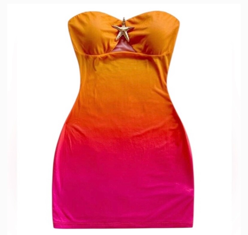 Mini Vestido Ariella Naranja y Rosa Sin Tirantes Bodycon