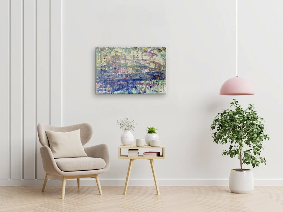 Pintura a óleo original paisagem abstrata arte de parede texturizada cores pastel - Imagem 4 de 4