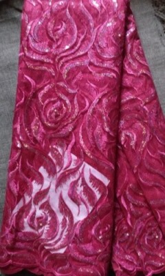 African flowered Sequin Pink Beaded lace fabric material UK