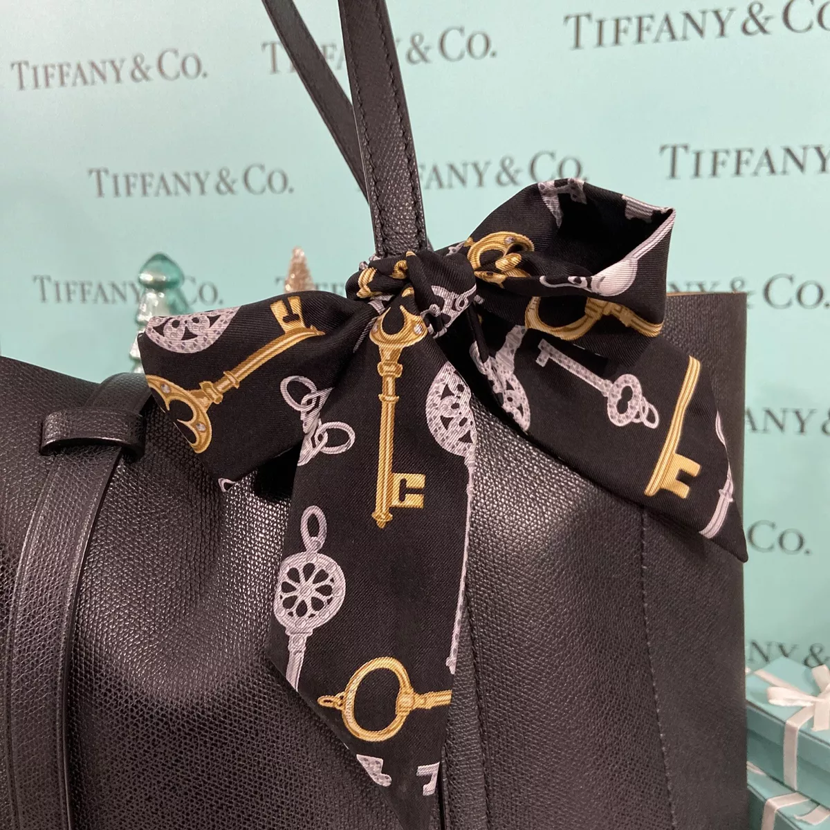 Tiffany&Co Black Scarf Purse Bag Tie Silver Gold Keys Charms Silk Italy  Gift Bag