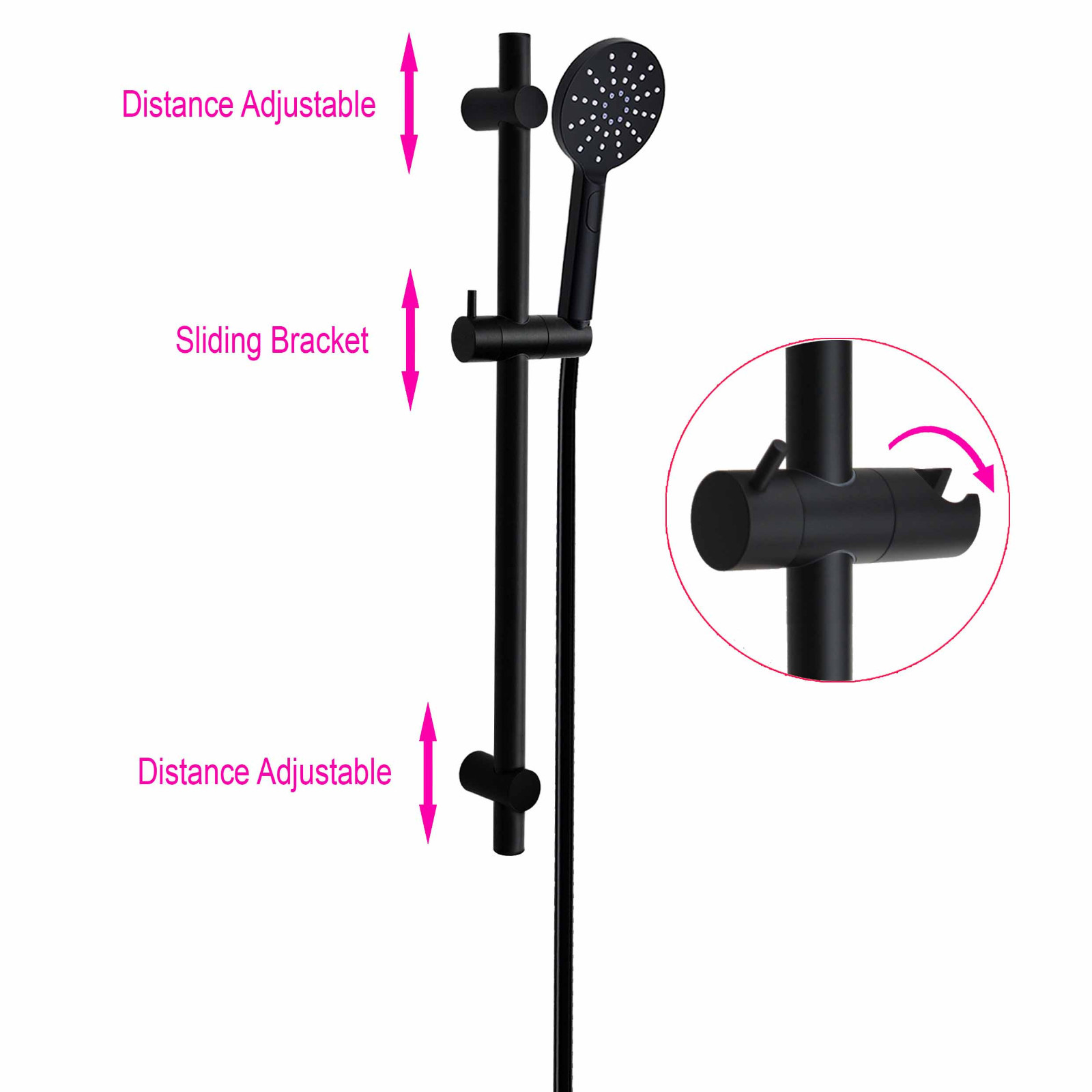 Bathroom Black Round Shower Slider Rail Kit Adjustable Riser 3 Mode